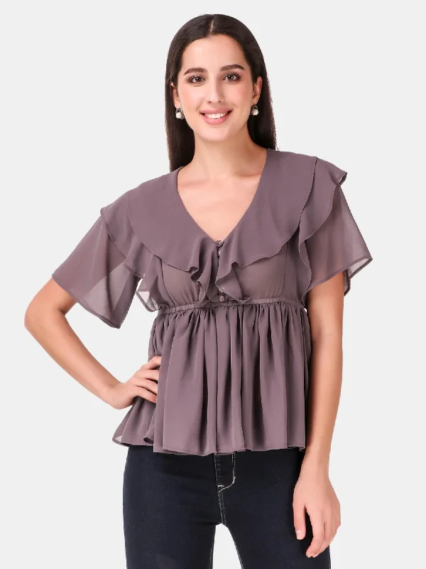 Women's Dusty Grey Ruffled Peplum Only Top - MESMORA FASHION