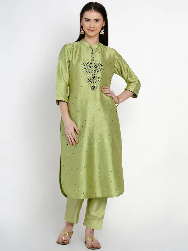 Women's Green Polyester Kurta set - Women Republic