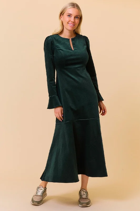 Paloma Round Neck Long Sleeve Stretch Corduroy Dress | Bottle Green