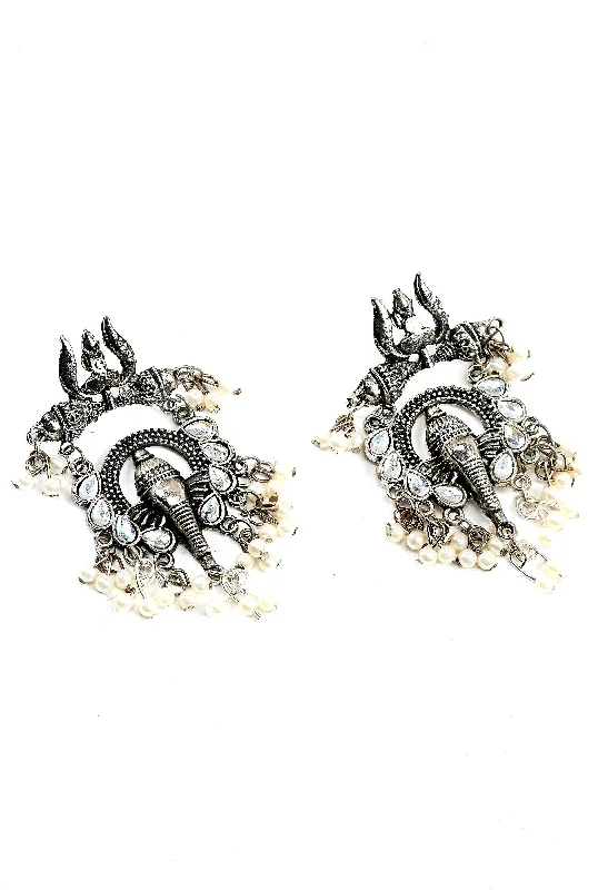 Women's Oxidised Necklaceand Earrings With Ganesha And Trishul Design - Tehzeeb