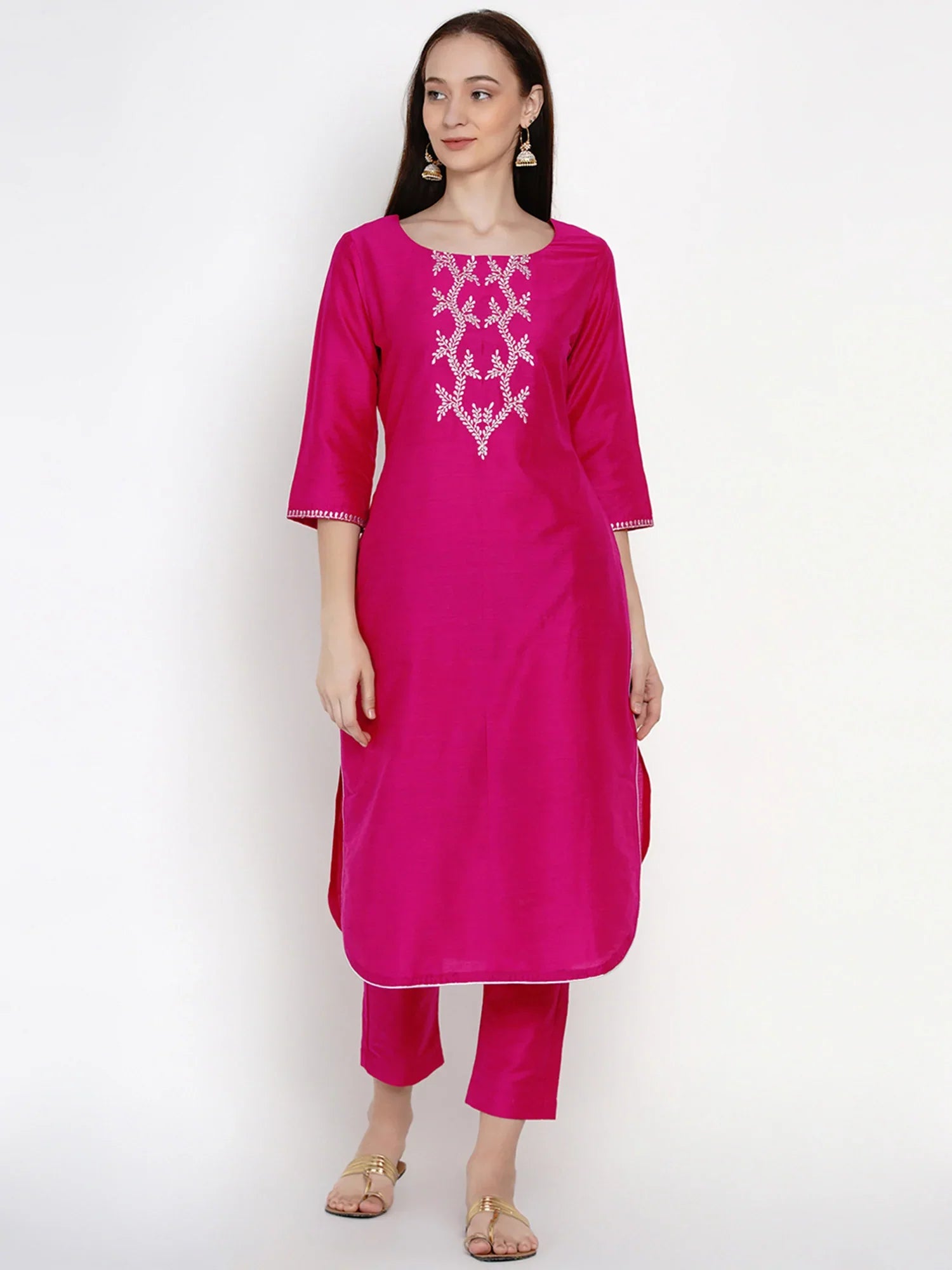 Women's Pink Cotton Blended Embroidered Kurta Set - Women Republic