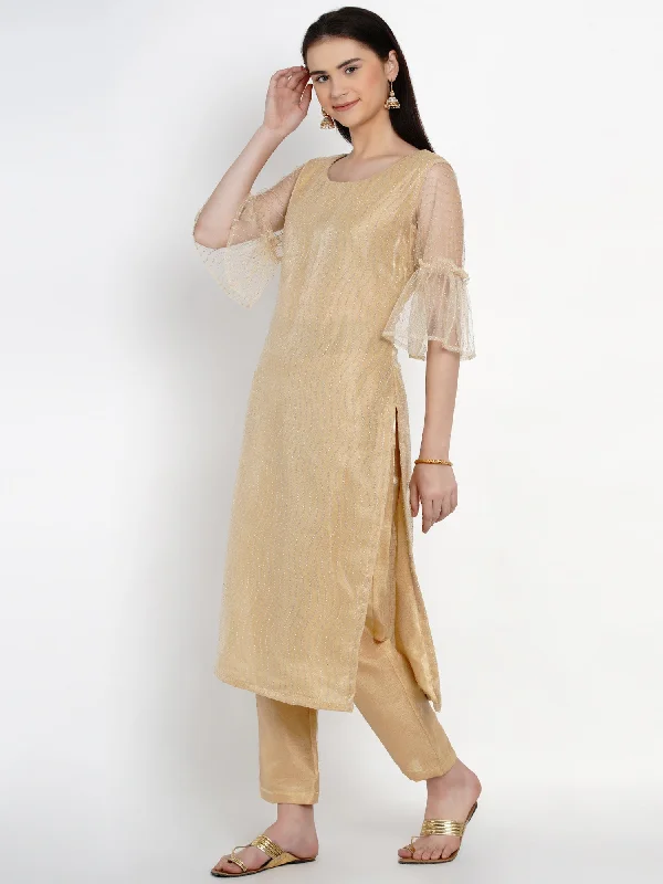 Women's Golden Net Embellished Kurta Set - Women Republic