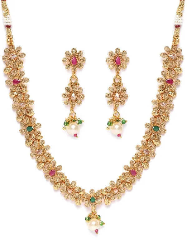 Women's Ruby Emerald Stones Pearls Gold Plated Floral Jewellery Set - Priyaasi