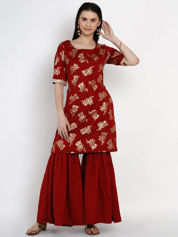 Women's Maroon Foil Printed Kurta with Sharara - Women Republic