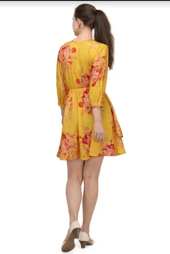 Women's Mango Yellow Digital Printed Floral Short Tunic Dress - MESMORA FASHIONS