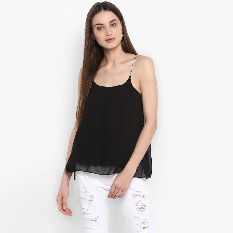 Women's Black Polyester Diamond Strap Top with Lining - StyleStone