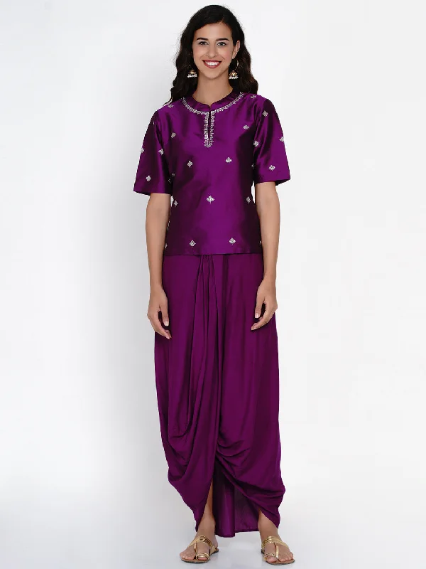 Women's Purple Polyester Embroidered Kurta With Dhoti - Women Republic