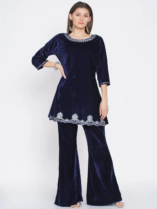 Women's Navy Blue Velvet Embroidered Kurta with Bellbottom Pants - Women Republic