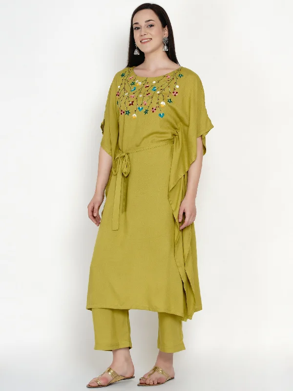 Women's Green Rayon Embroidered Kaftan with Palazzo and Belt  - Women Republic