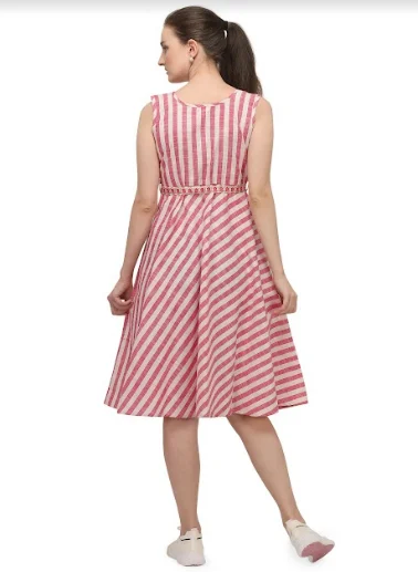 Women's Baby Pink And White Strip Sleeves Less Midi Dress - MESMORA FASHIONS