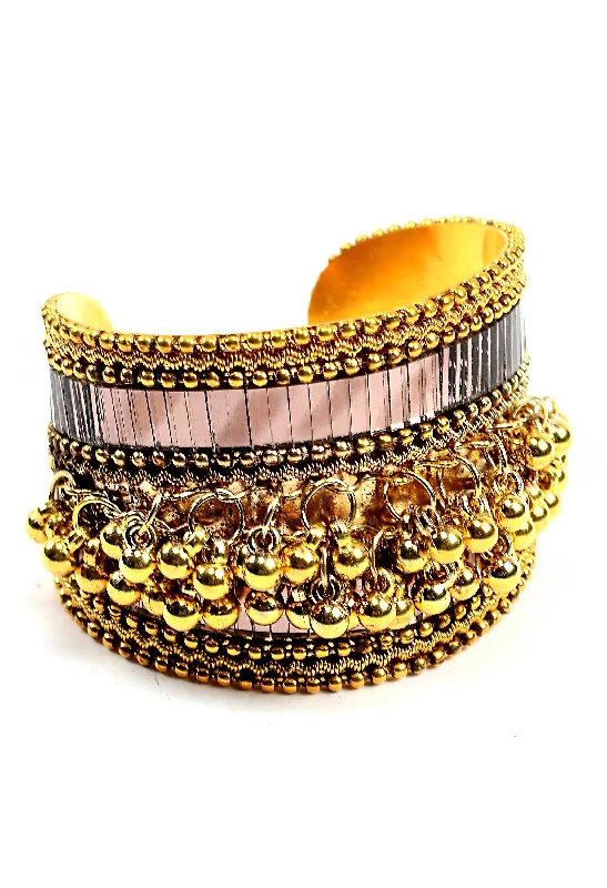 Women's Golden Colour Bracelet With Ghunghru And Mirror Work - Tehzeeb