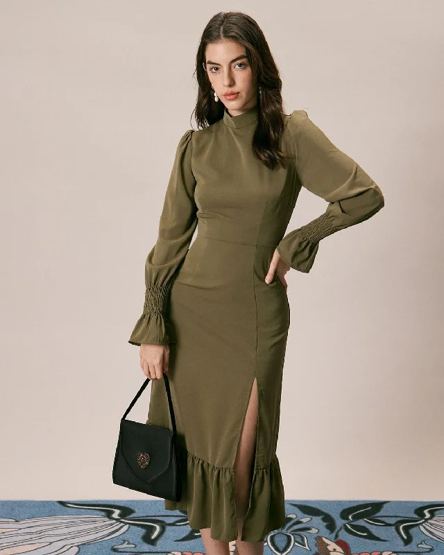 The Army Green Mock Neck Ruffle Midi Dress