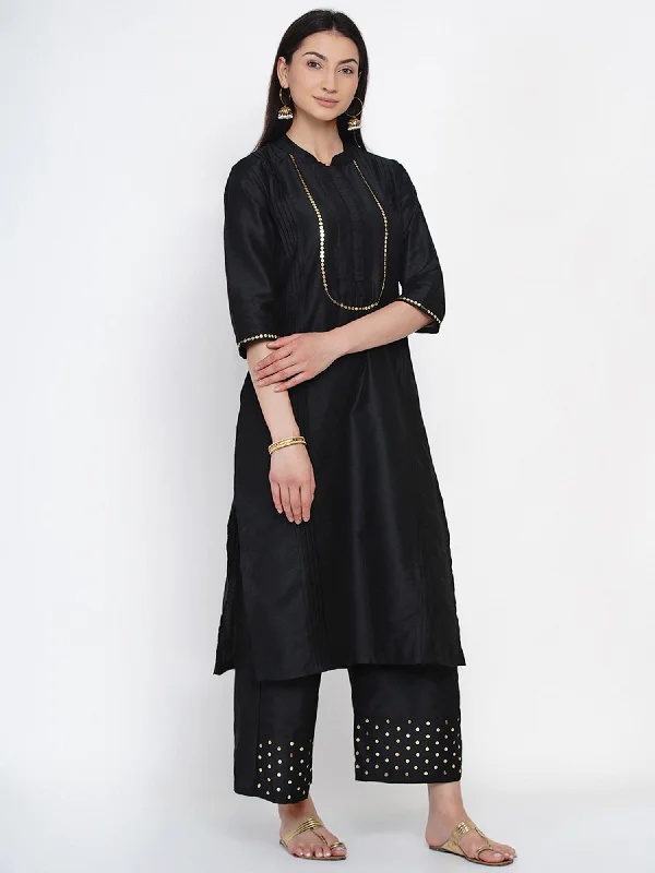 Women's Black Cotton Blended Kurta Set with Sequence Work - Women Republic