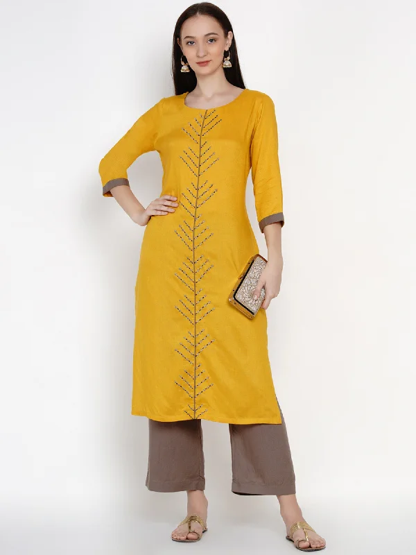 Women's Mustard Rayon Embroidered Kurta Set - Women Republic