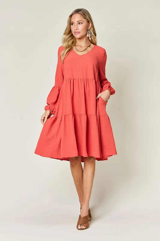 V-Neck Balloon Sleeve Tiered Dress