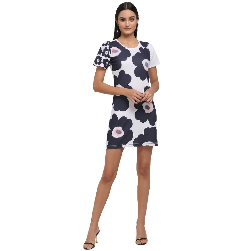 Women's Big Flower Motif Black And White Short Tunic - MESMORA FASHION