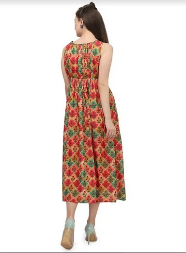 Women's Orange Geometric Digital Printed Ankle Length Tunic Dress - MESMORA FASHIONS