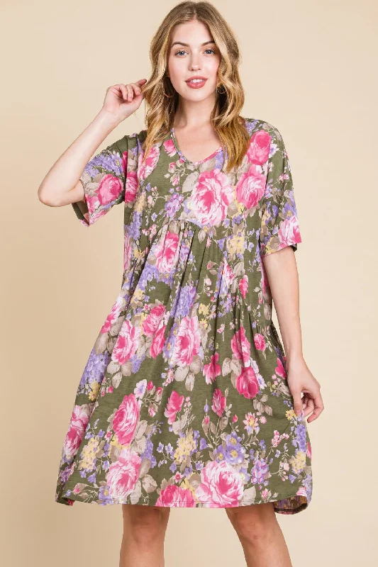 Flower Print V-Neck Ruched Dress