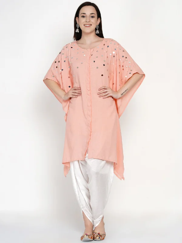 Women's Peach Rayon Kaftan with Tulip pants and Hand Embellishment work - Women Republic