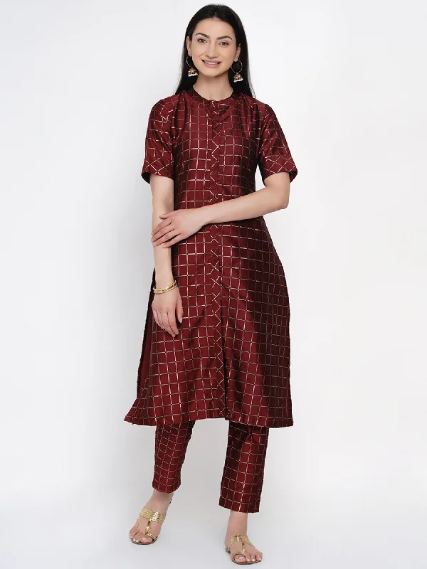 Women's Checks Maroon Polyester Kurta Set  - Women Republic