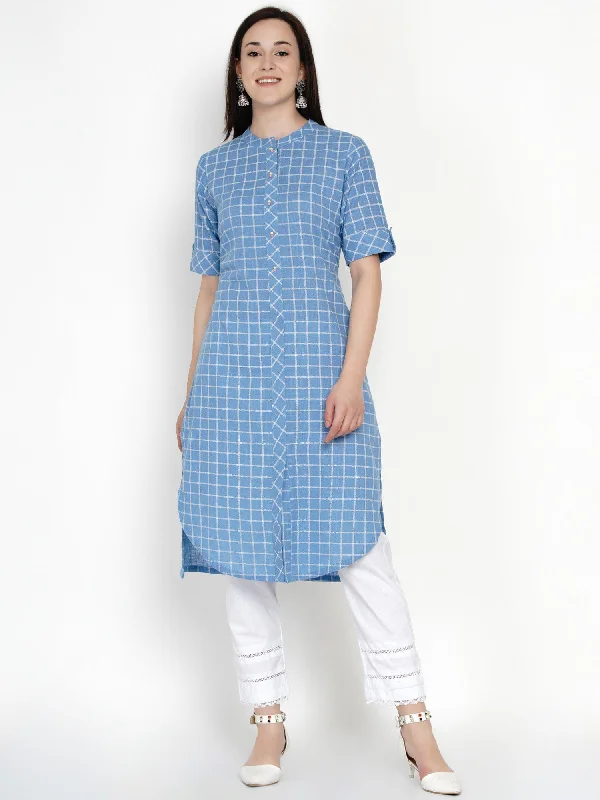 Women's Blue Checks Cotton Kurta with Pant - Women Republic