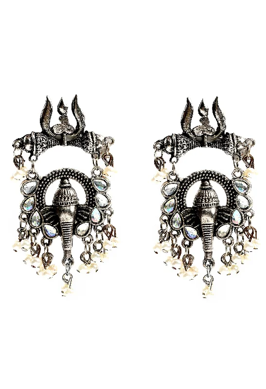 Women's Oxidised Earrings With Pearl Work And  Ganesha Design - Tehzeeb