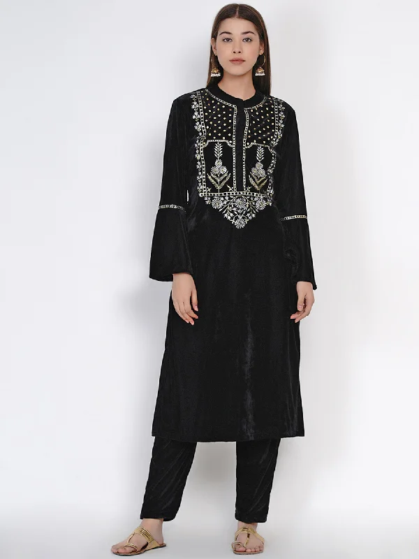 Women's Black Velvet Embroidered Kurta Set with Sequence Work - Women Republic