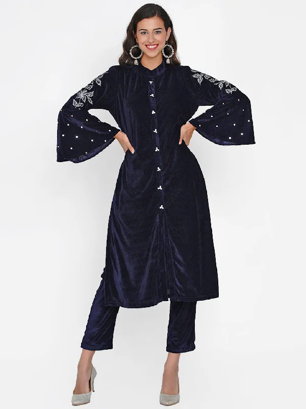 Women's Navy Blue Velvet Kurta Set - Women Republic