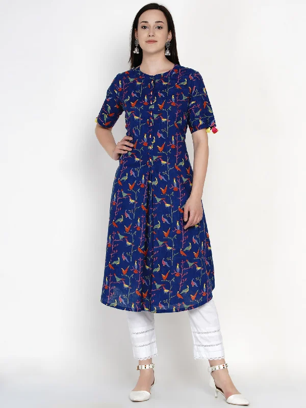 Women's Indigo Printed Cotton Kurta Only - Women Republic