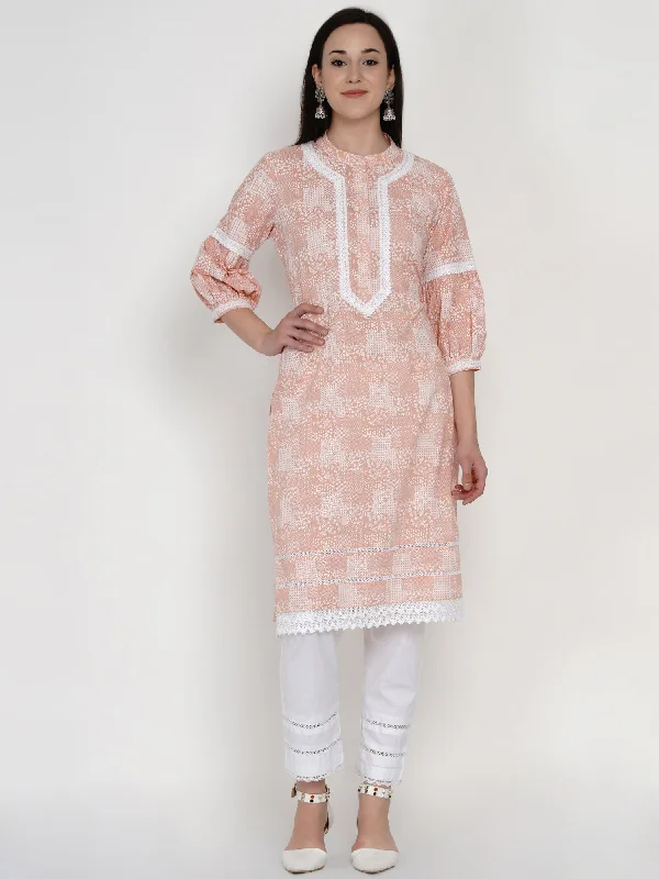 Women's Peach Cotton Kurta Set with Lace work - Women Republic