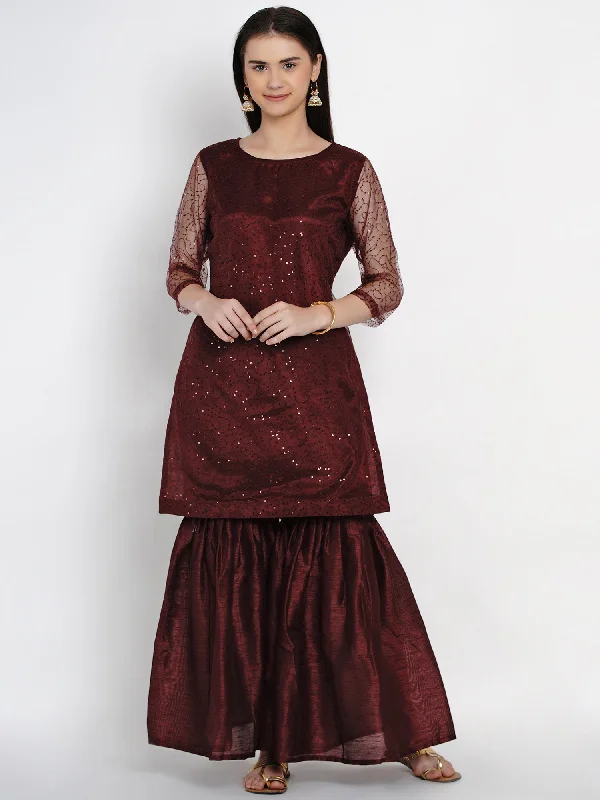 Women's Wine Net Kurta with Sharar - Women Republic