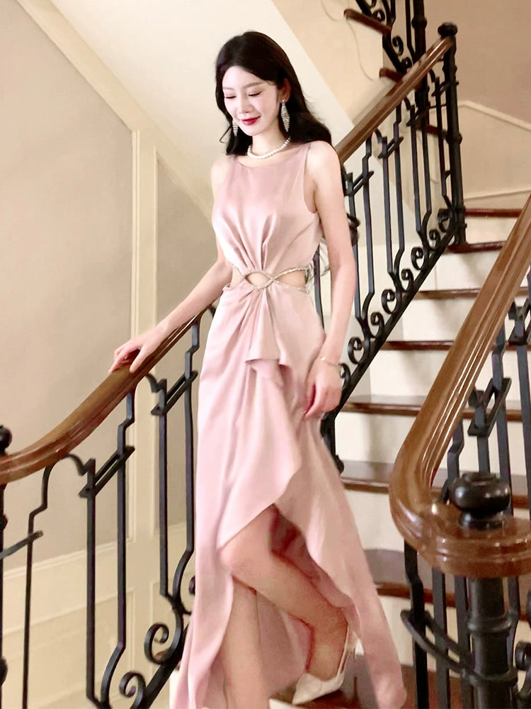 Pink Satin Pleated Long Birthday Party Dress Long Evening Gowns        S6014