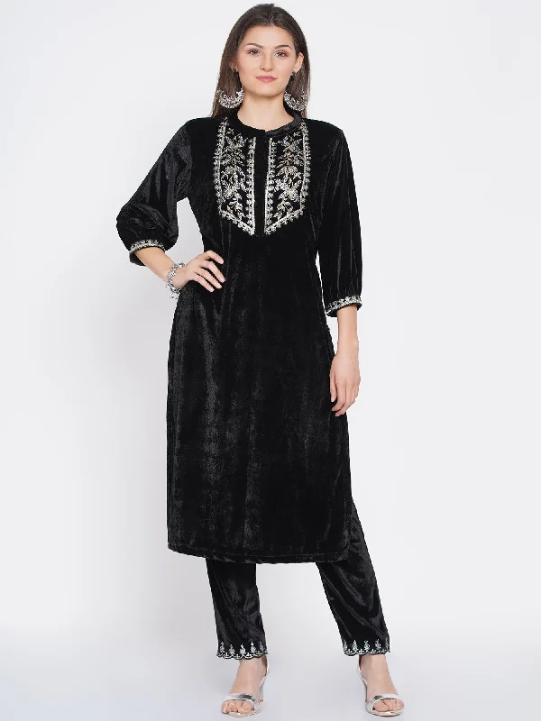 Women's Black Velvet Embroidered Kurta Set  - Women Republic