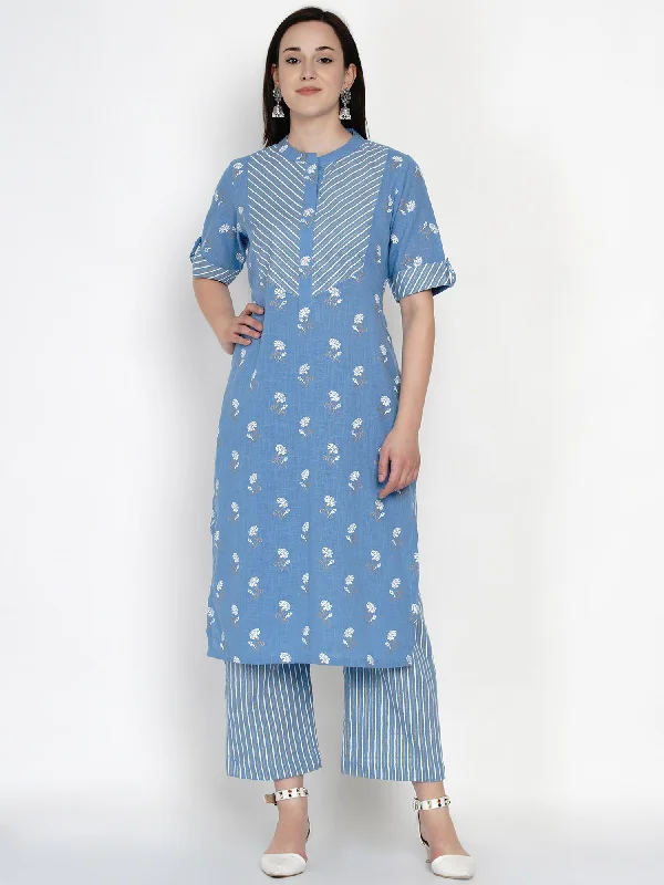 Women's Blue Checks Cotton Kurta with Palazzo - Women Republic