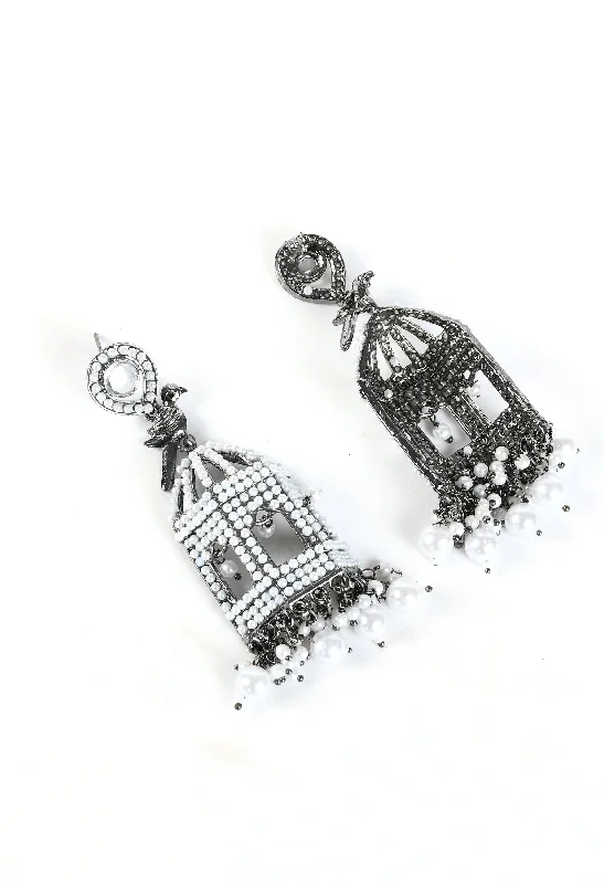 Women's Oxidised Earrings With White Pearl And Bird Design - Tehzeeb