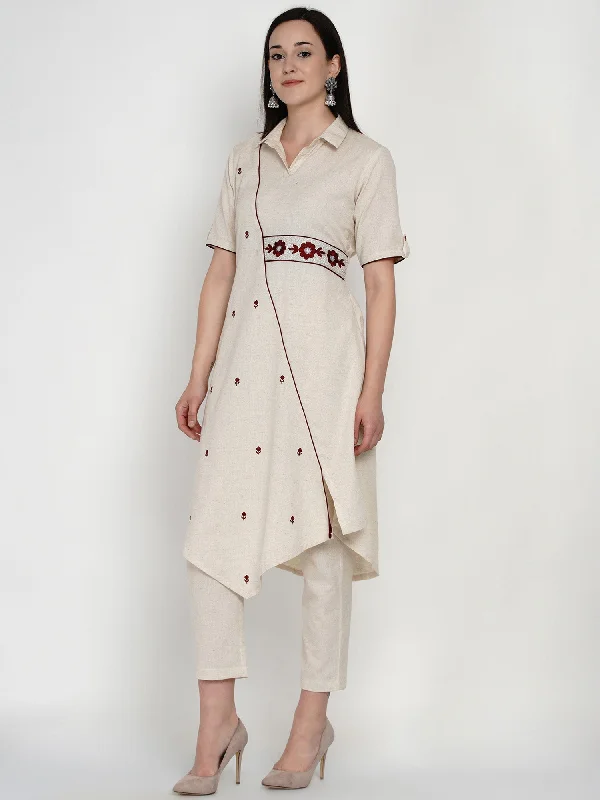 Women's Off White Cotton Flex Embroidered Kurta Set - Women Republic