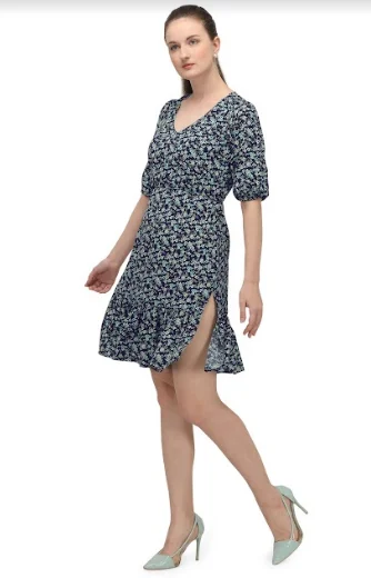 Women's Navy Blue Floral Printed Short Dress - MESMORA FASHIONS