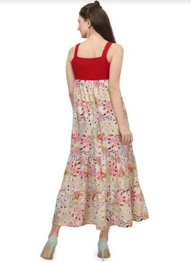 Women's Red Hot Baby Yoke Digital Printed Flarry Long Tunic Dress - MESMORA FASHIONS