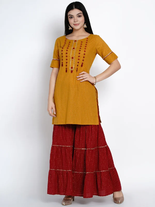 Women's Mustard Embroidered Kurta with Sharara - Women Republic