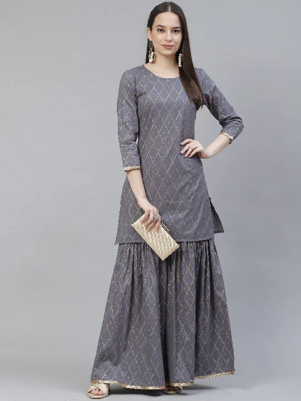 Women's grey & gold printed straight kurti with sharara - Meeranshi