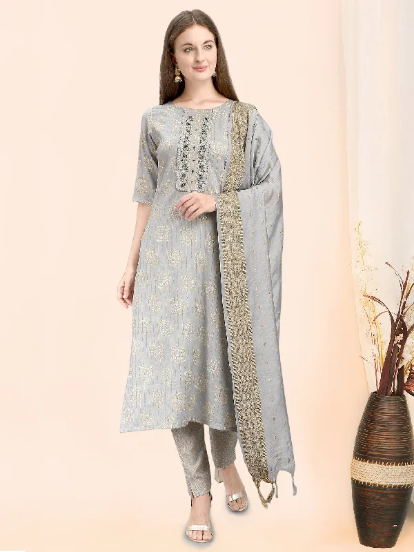 Women's Grey Kurta Set with Narrow Pant(2Pieces) - MESMORA FASHION