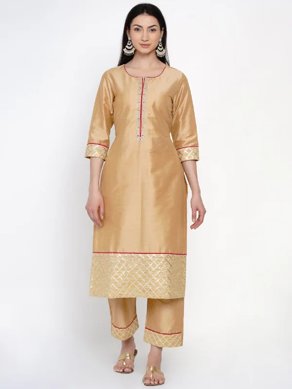 Women's Golden Embroidered Kurta Set with Gota Work - Women Republic