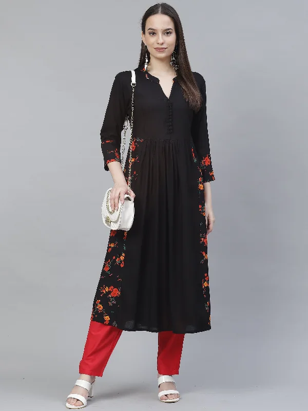 Women's Navy Blue & Red Floral Print Detail A-Line Kurta - Meeranshi