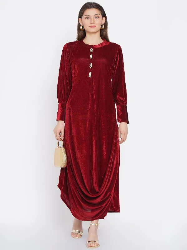 Women's Maroon Velvet Cowl style kurta with pants - Women Republic