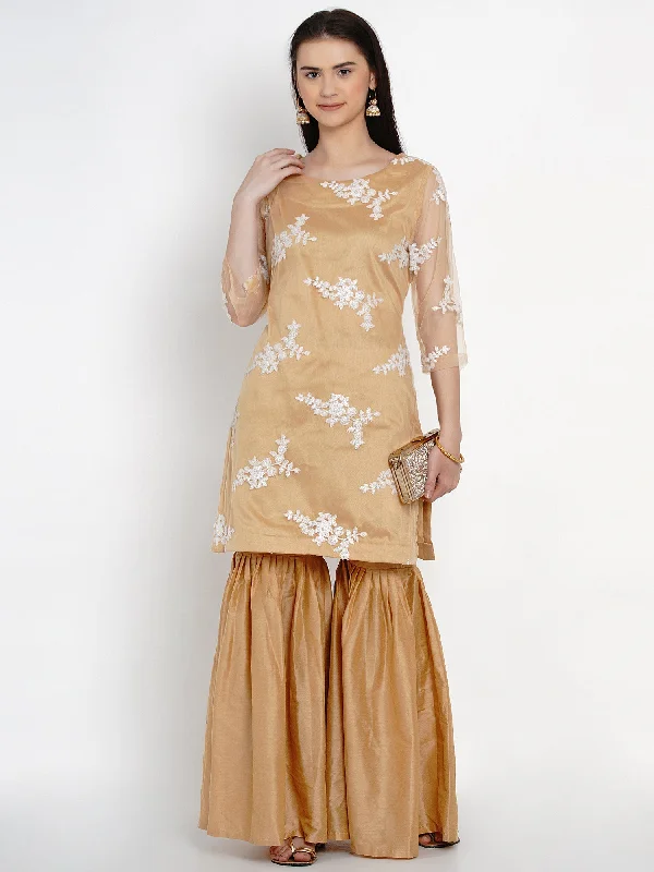 Women's Golden Net Kurta Set with Sequence Work - Women Republic