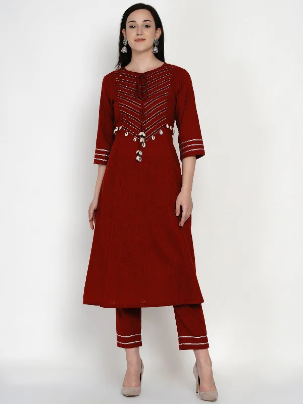 Women's Maroon Cotton Embroidered Kurta Set - Women Republic