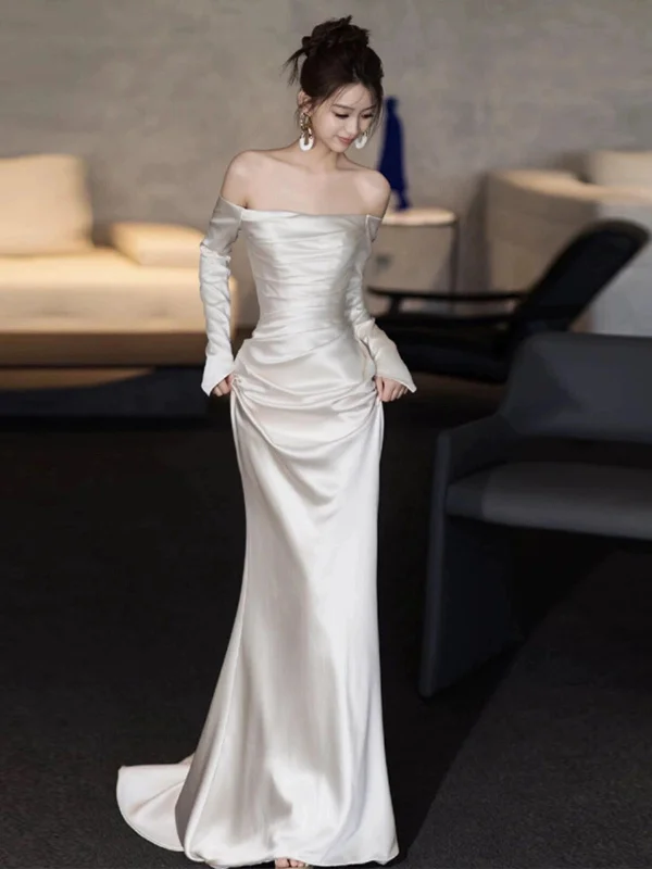 Off shoulder wedding dress long sleeve satin bride dress simple wedding gown       S5452