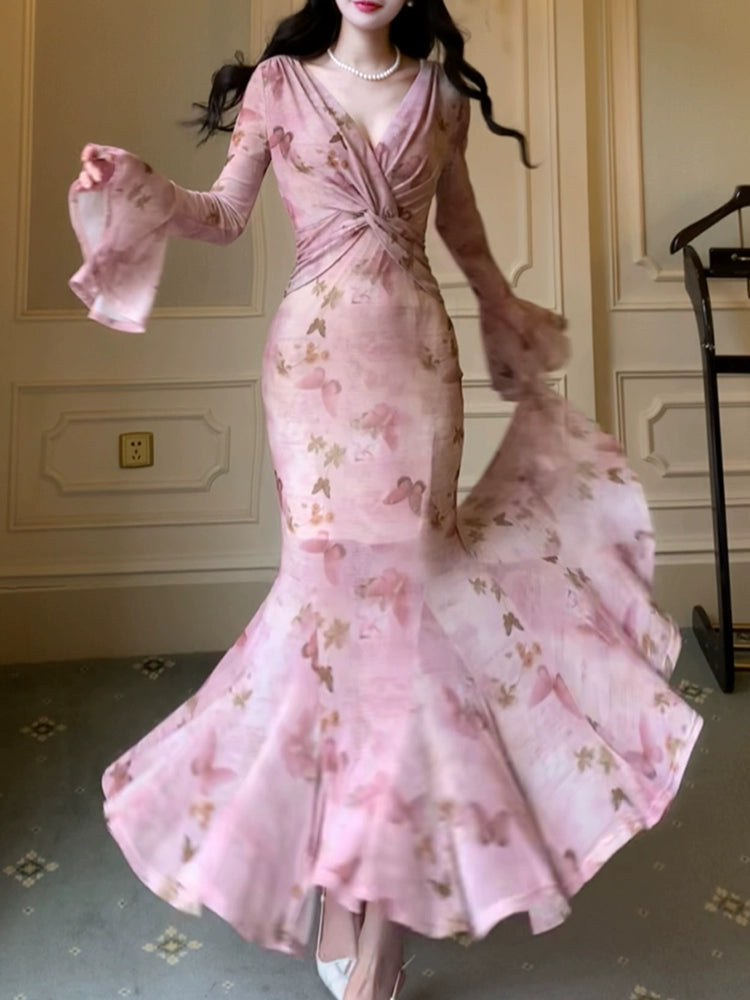 pink printed dress long sleeve mermaid Long Evening Gowns        S6015