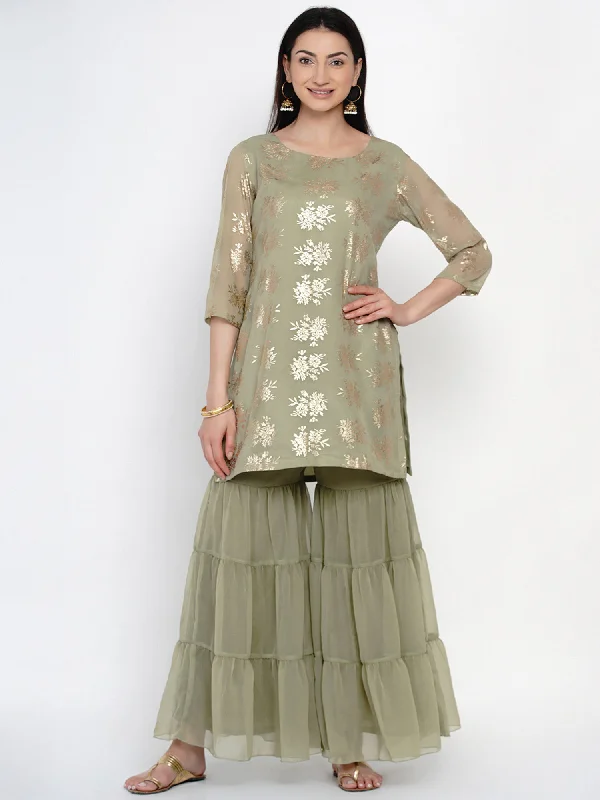 Women's Green Georgette Gold Foil Kurta with Sharar - Women Republic