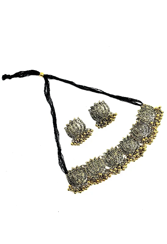 Women's Oxidised Golden Colour Necklaceand Earrings With Lotus Design - Tehzeeb